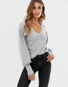 Asos Design V Neck Sweater With Blouson Sleeve - Gray