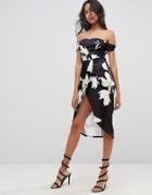 Asos Scuba Wrap Front Floral Bardot Midi Dress - Multi