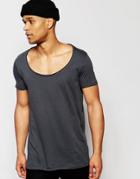 Asos Longline T-shirt With Wide Scoop Neck And Raw Edge In Washed Black - Washed Black