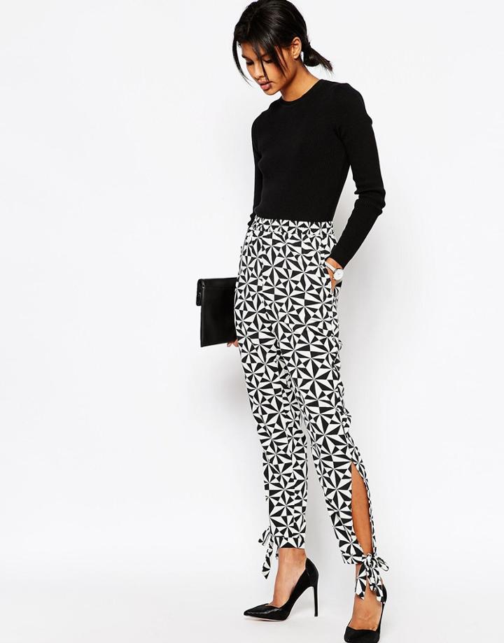 Asos Mono Print Woven Peg Pants With Tie Hem - Multi