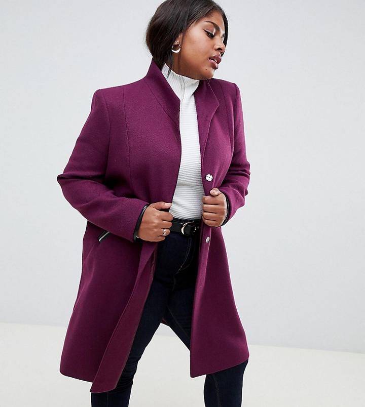 Asos Design Curve Smart Funnel Neck Coat With Contrast Trim - Purple