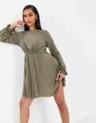 Asos Design Long Sleeve Pleated Mini Dress With Ruffle Cuff In Khaki-green