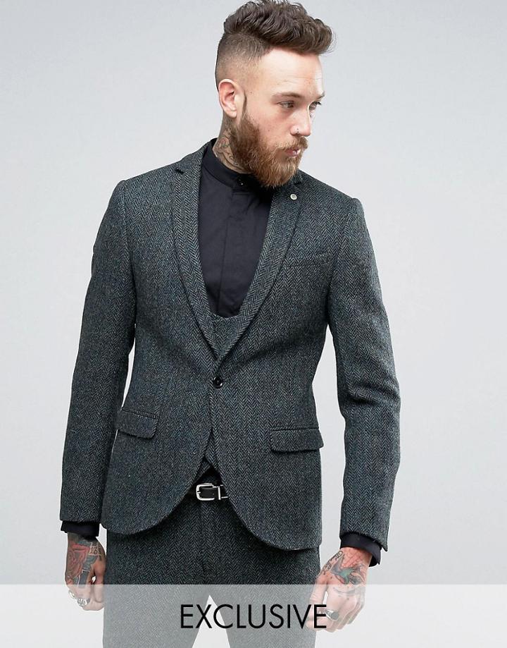 Noose & Monkey Super Skinny Harris Tweed Jacket - Green