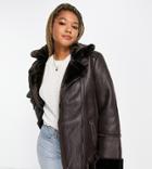 Stradivarius Faux Leather Aviator Jacket In Chocolate Brown