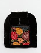 Hiptipico Handmade Velvet Backpack With Floral Embroidery - Black