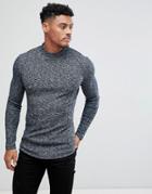 Asos Longline Muscle Long Sleeve T-shirt With Curved Hem In Fancy Rib - Navy