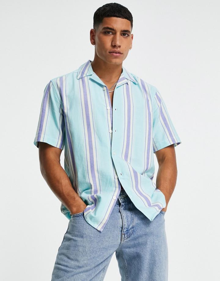 Only & Sons Short Sleeve Shirt With Camp Collar In Blue Stripe-blues