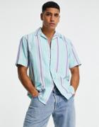 Only & Sons Short Sleeve Shirt With Camp Collar In Blue Stripe-blues