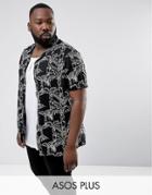 Asos Plus Regular Fit Leaf Print Shirt With Revere Collar - Black