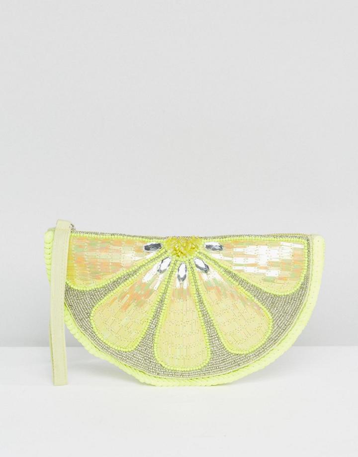 New Look Lemon Embellished Zip Top Clutch Bag - Yellow