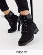 New Look Wide Fit Lace Up Flat Hiker Boot In Black - Black