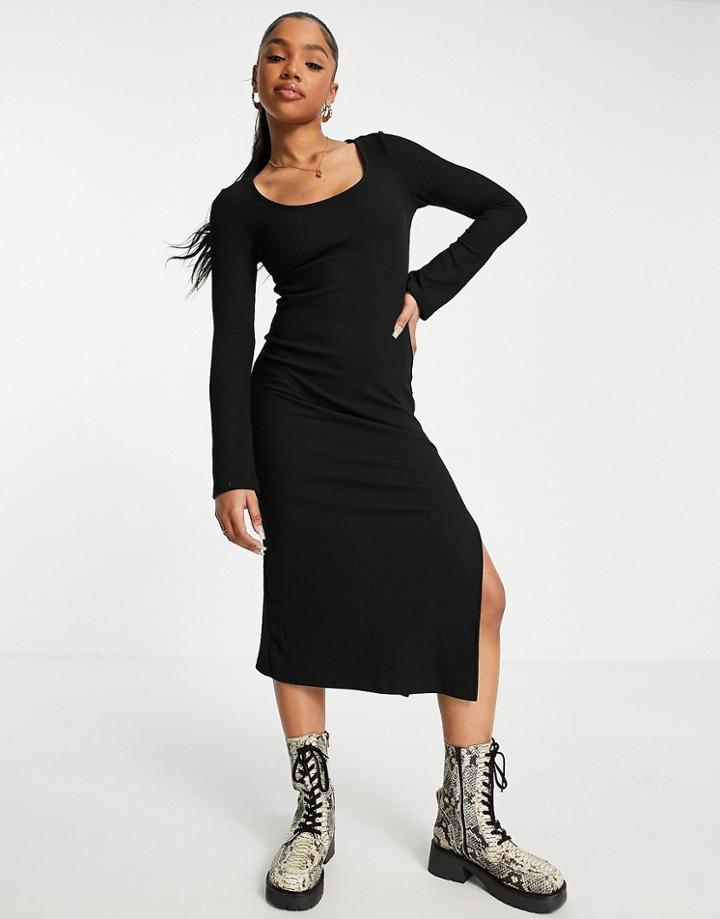 Stradivarius Round Neck Midi Dress In Black