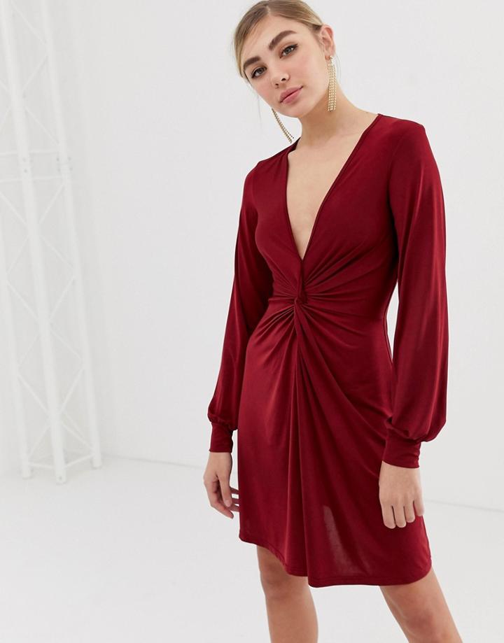 Miss Selfridge Twist Front Dress In Burgundy - Red
