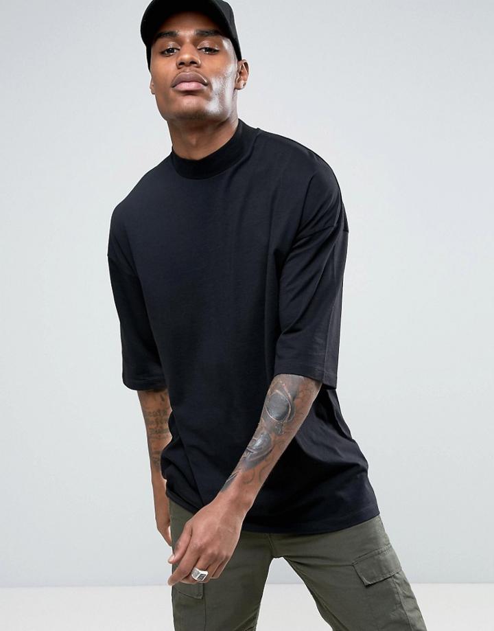 Asos Oversized T-shirt With Half Sleeves And Turtleneck In Black - Black