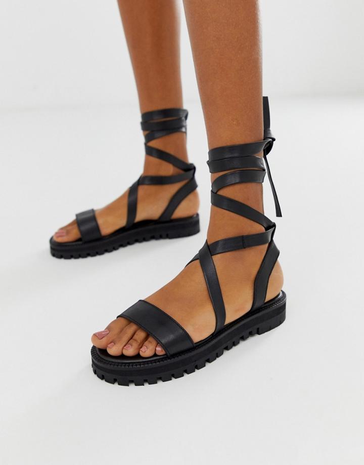 Asos Design Faster Leather Chunky Tie Leg Sandals-black