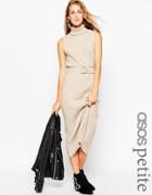 Asos Petite Roll Neck Midi Dress In Knitted Rib With D-ring - Beige