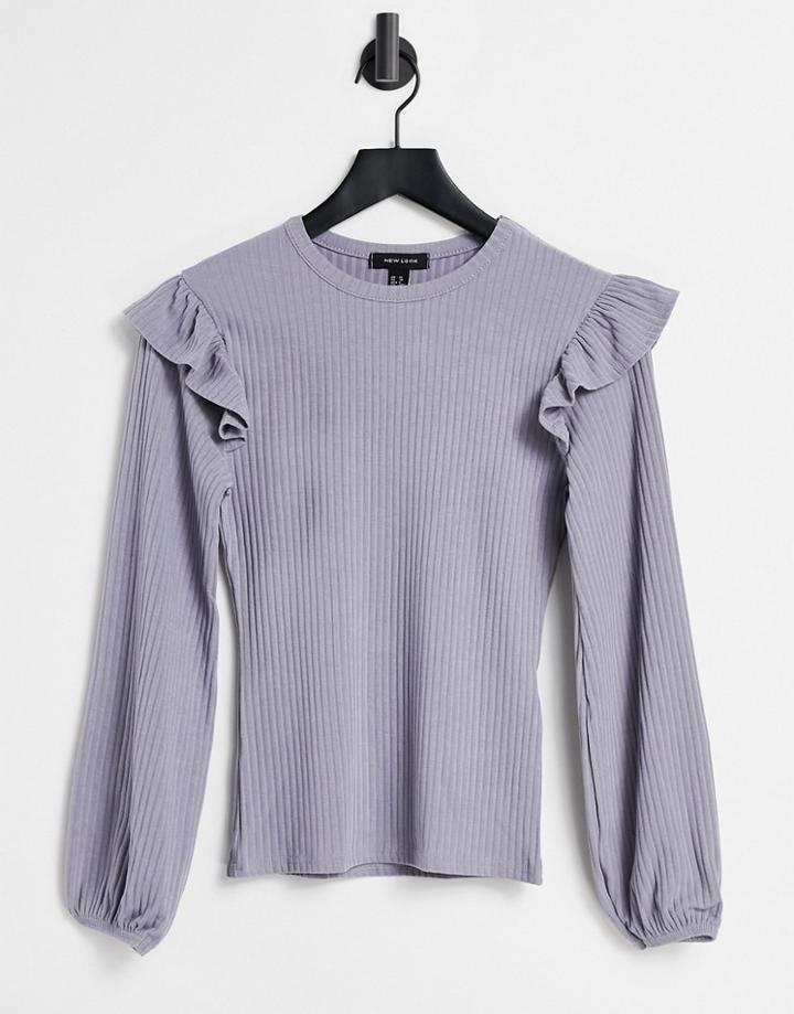 New Look Soft Rib Ruffle Shoulder Top In Off Gray Lilac-purple