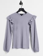 New Look Soft Rib Ruffle Shoulder Top In Off Gray Lilac-purple