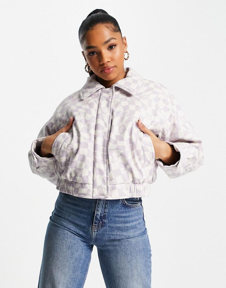 Asos Design Printed Leather Look Bomber Jacket In Lilac-purple