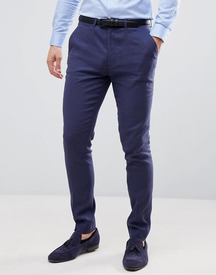 Asos Design Wedding Super Skinny Suit Pants In Indigo Linen - Navy