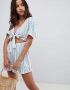 Asos Design Romper With Cut Out And Tie Detail In Multi Stripe Print