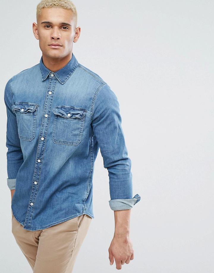 Hollister Stretch Slim Fit Denim Shirt In Mid Wash Denim - Blue
