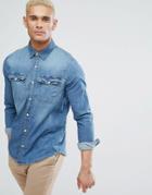 Hollister Stretch Slim Fit Denim Shirt In Mid Wash Denim - Blue
