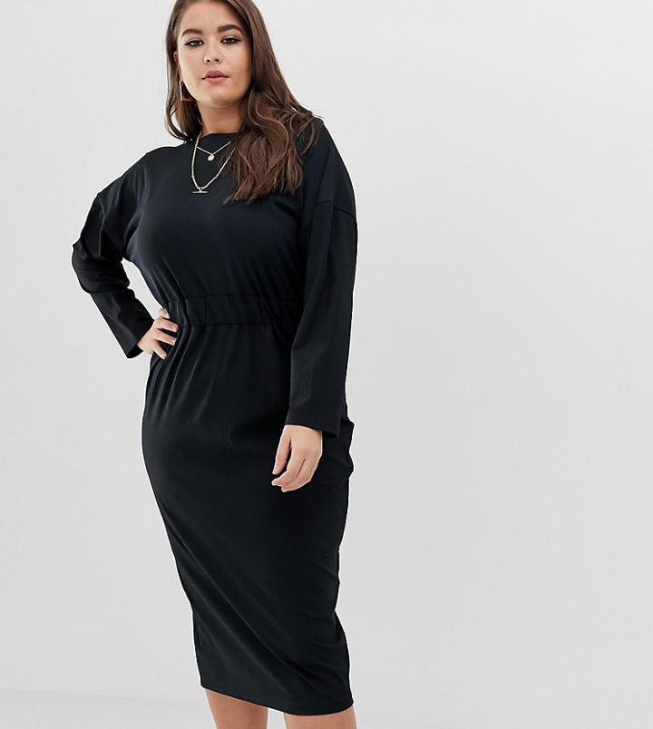Asos Design Curve Rib Wrap Back Midi Pencil Dress - Black