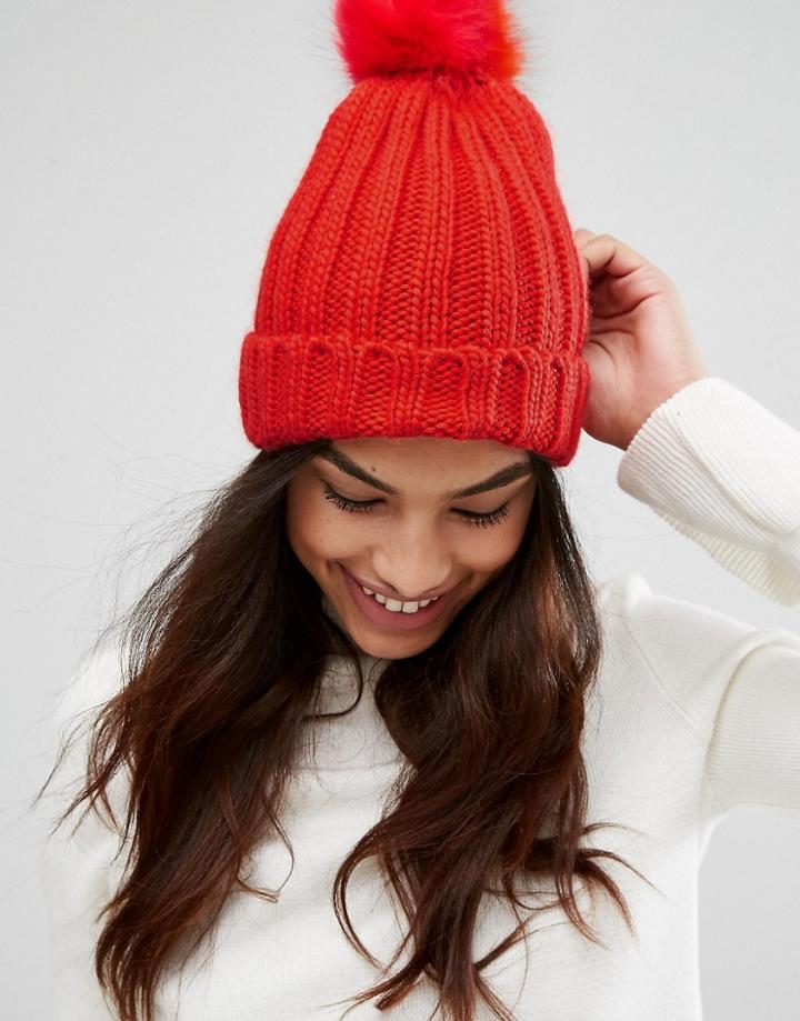 Oasis Mixed Faux Fur Pom Beanie Hat - Orange