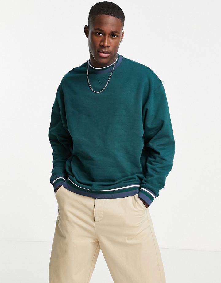 Asos Design Oversized Sweatshirt With Tipping In Forest Green