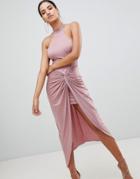 Ax Paris Ruched Maxi Dress With Side Split - Pink