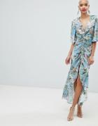 River Island Ruched Front Floral Print Maxi Dress-blue