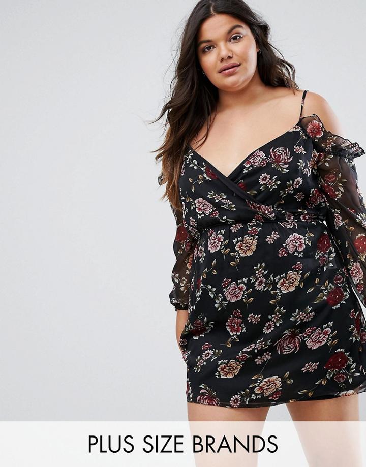 Influence Plus Cold Shoulder Floral Ruffle Dress - Black