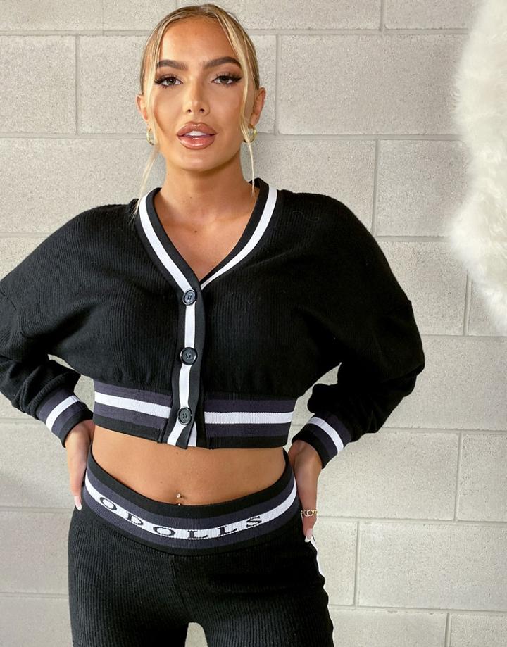 Odolls Collection Knitted Cropped Cardi With Contrast Stripe In Black