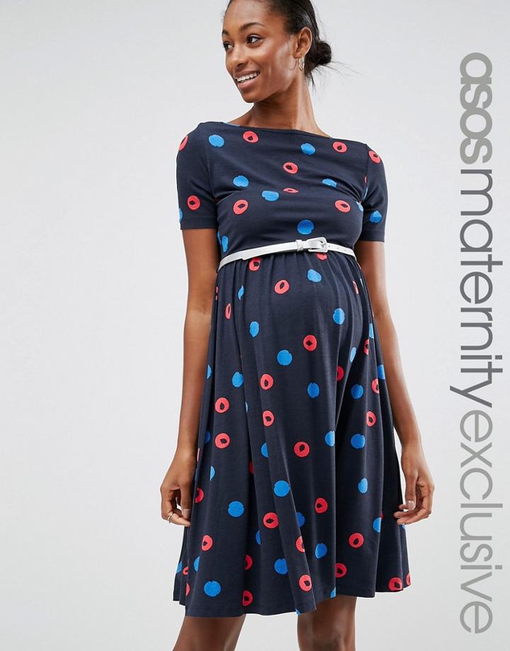 Asos Maternity Blurred Spot Skater Dress With Belt - Purple
