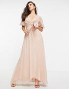 Asos Design Bridesmaid Flutter Sleeve Maxi Dress With Twist Front In Blush-pink