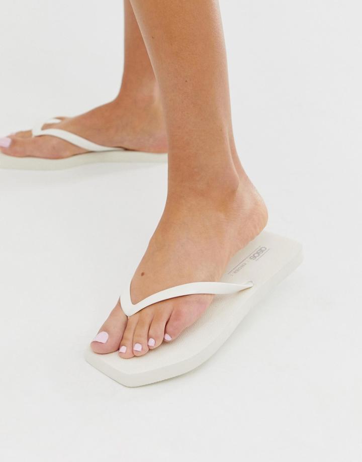 Asos Design Fan Square Toe Flip Flops In White - White