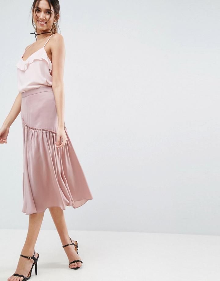 Asos Satin Midi Skirt With Ruffle Detail And Splices - Blue