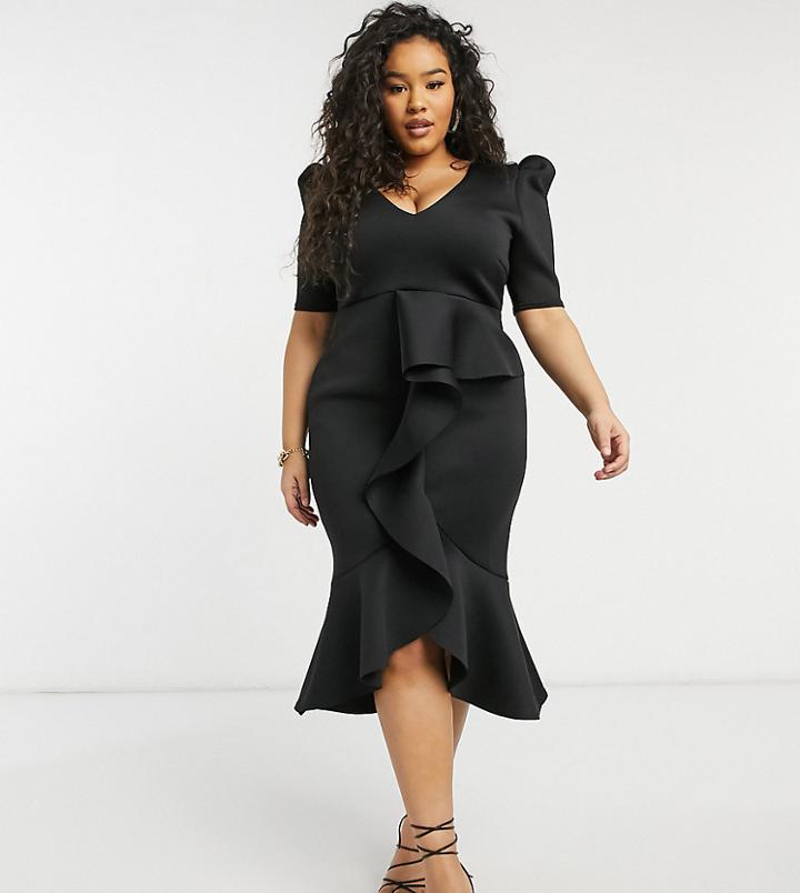 True Violet Plus Puff Shoulder Plunge Ruffle Front Midi Dress In Black