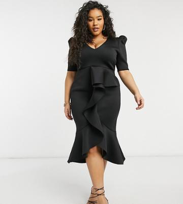 True Violet Plus Puff Shoulder Plunge Ruffle Front Midi Dress In Black