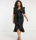 True Violet Plus Puff Shoulder Plunge Ruffle Front Midi Dress In Black
