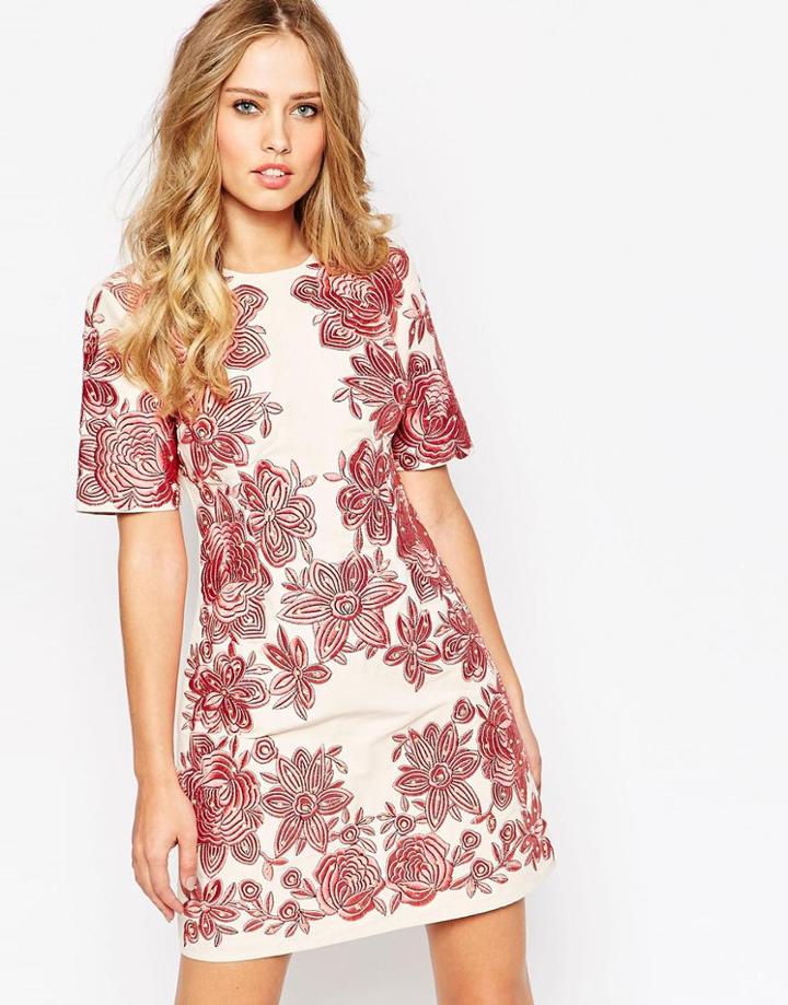 Asos Floral Embroidered Shift Dress - Mink