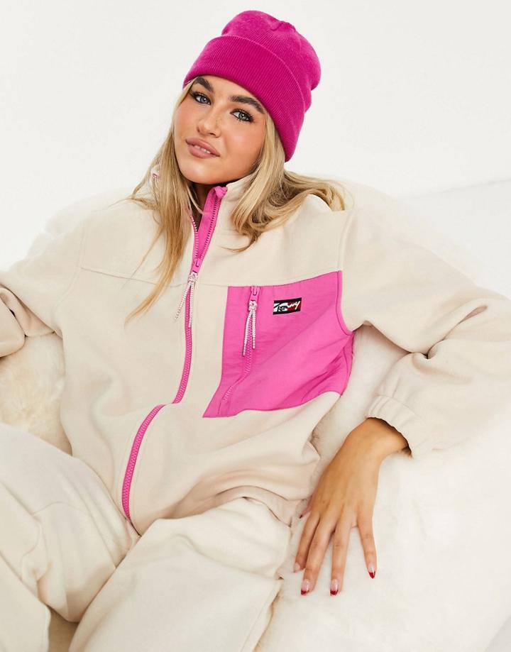 Tommy Jeans Zip Up Fleece Jacket In Pink