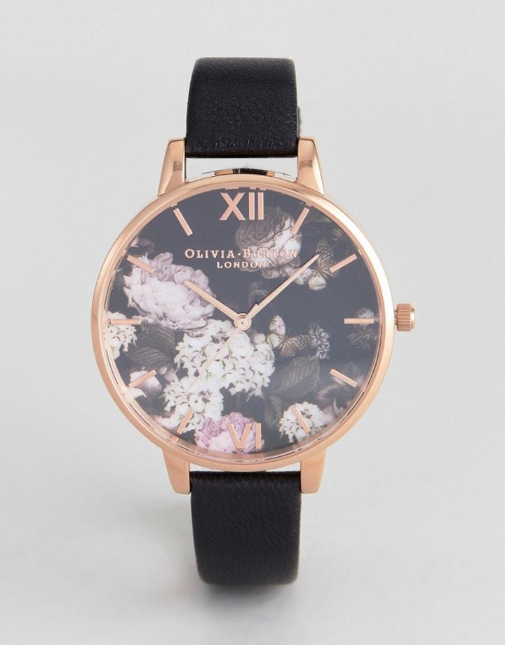 Olivia Burton Ob15wg12 Floral Leather Watch In Black - Black