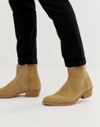 Asos Design Stacked Heel Western Chelsea Boots In Stone Suede With Natural Sole - Stone