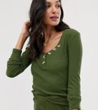 Asos Design Tall Mix & Match Lounge Ribbed Long Sleeve Top With Buttons - Green
