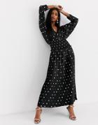 Asos Design Shirred Waist Pleated Maxi Dress In Spot