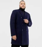 Asos Design Plus Wool Mix Double Breasted Overcoat In Navy - Navy