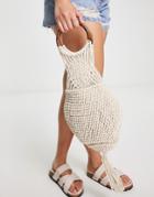 River Island Crochet Bag With Wooden Handle In Cream-white