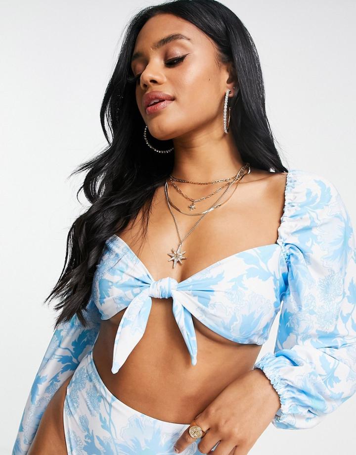 Asos Design Tie Front Long Sleeve Bikini Top In Blue Floral Print-multi